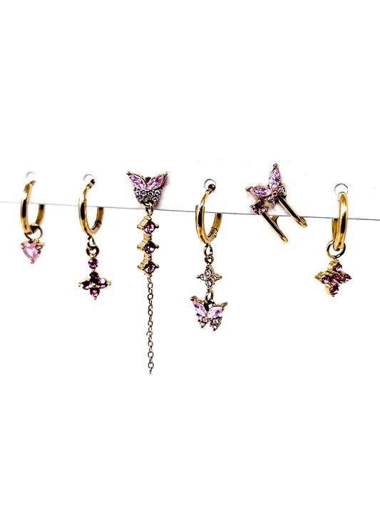 Set di 6 Orecchini "Butterfly" Gold con Pietre Color Quarzo Rosa