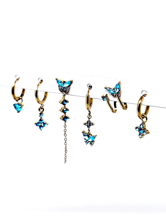 Set di 6 Orecchini "Butterfly" Gold con Pietre Color Acquamarina - 333HOPE333
