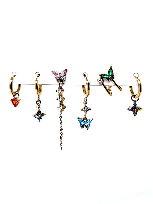 Set di 6 Orecchini "Butterfly" Gold con Pietre Multicolor - 333HOPE333