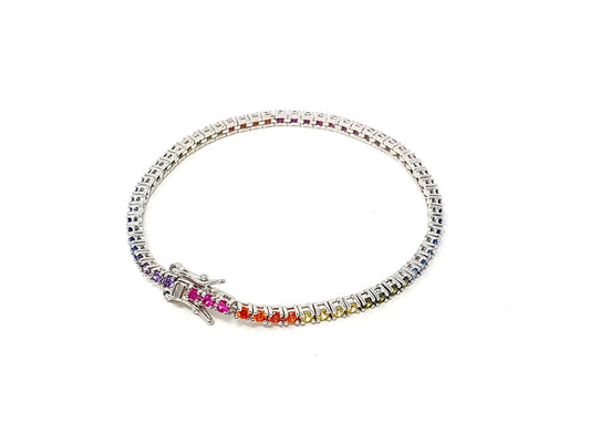 ARGENTO 925 - Bracciale Tennis con Pietre Rainbow e Chiusura a Cassonetto con Ottolini - 333HOPE333