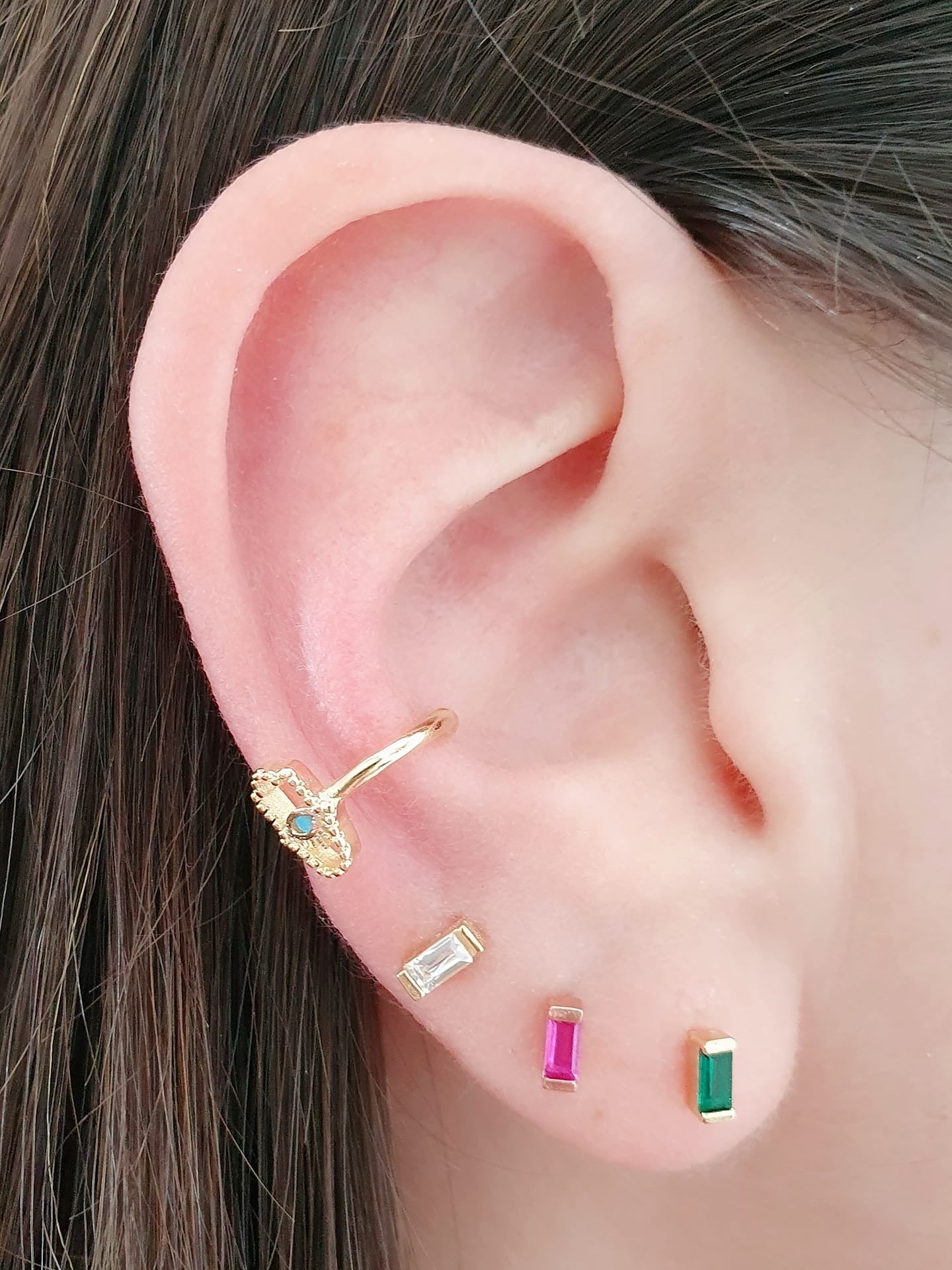 Coppia di lobetti baguette in argento 925 placcato oro rosa con pietre rosse - 333HOPE333