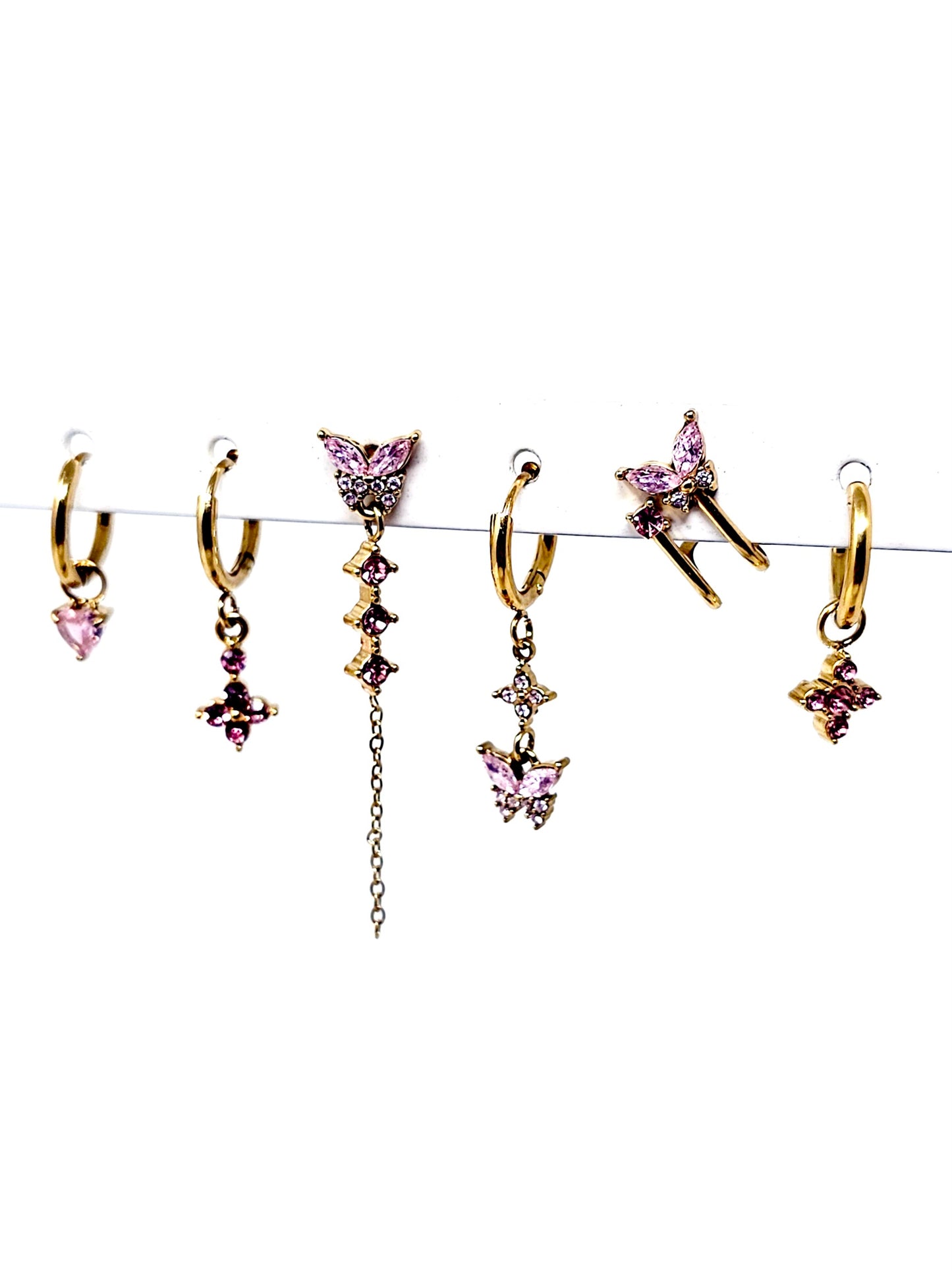 Set di 6 Orecchini "Butterfly" Gold con Pietre Color Quarzo Rosa