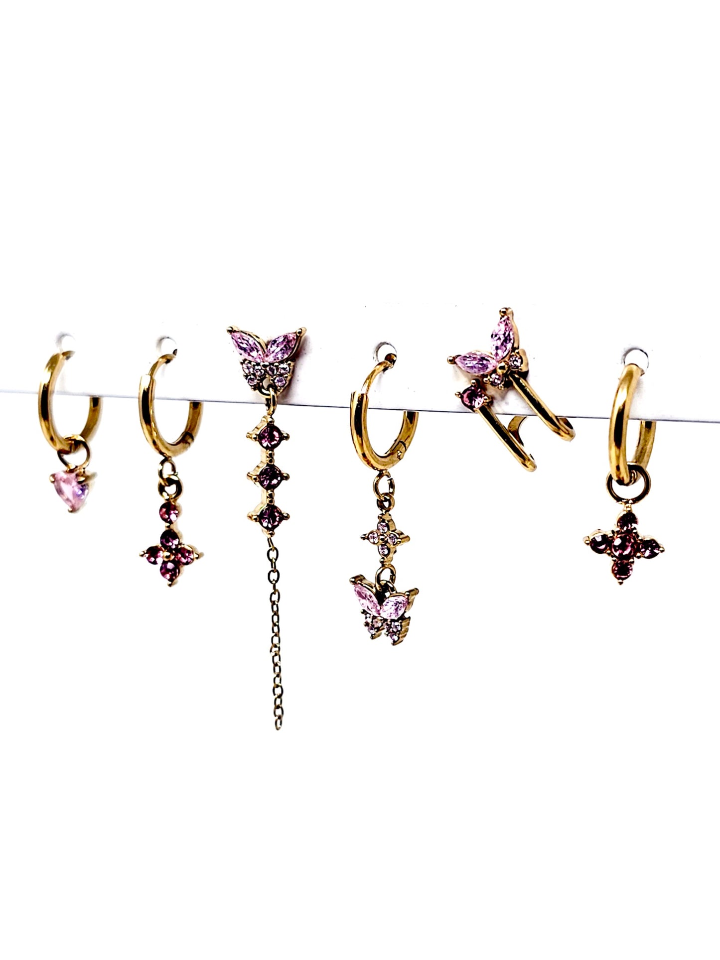 Set di 6 Orecchini "Butterfly" Gold con Pietre Color Quarzo Rosa