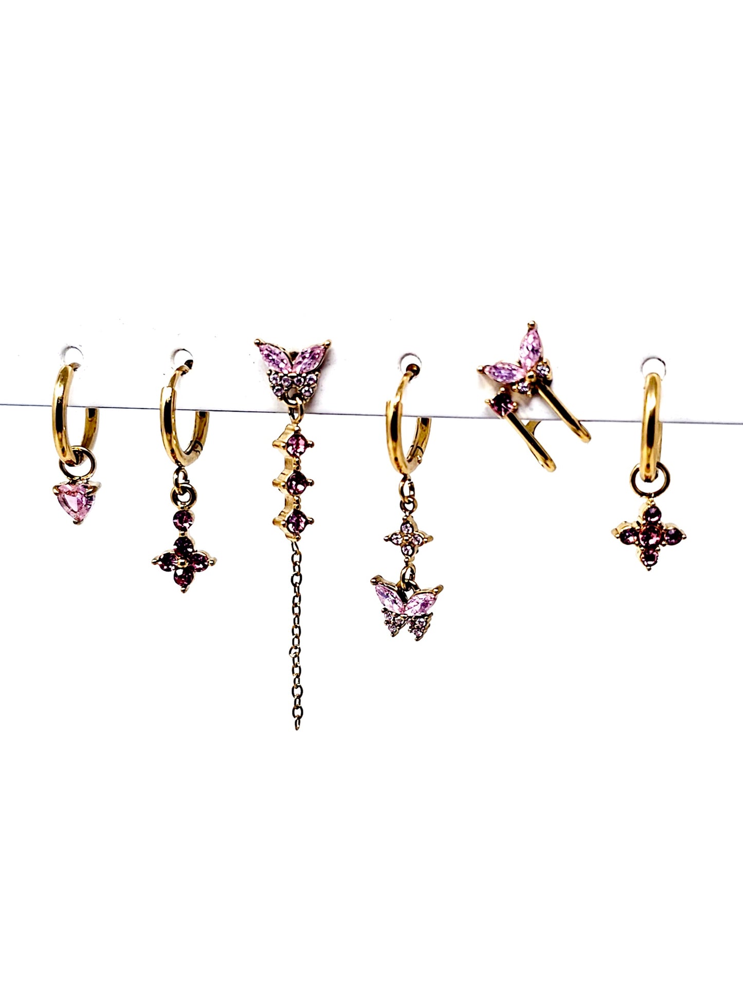 Set di 6 Orecchini "Butterfly" Gold con Pietre Color Quarzo Rosa