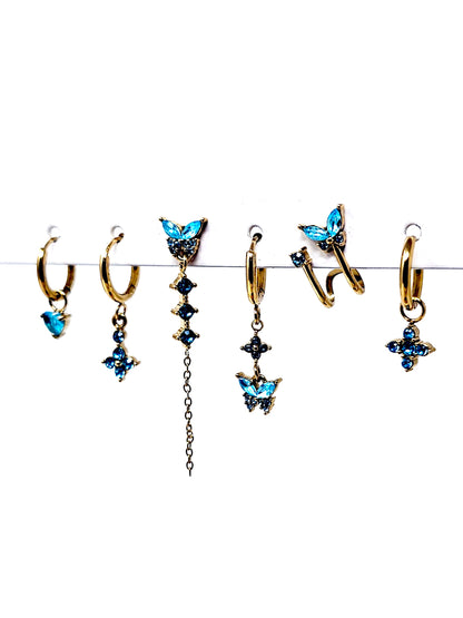 Set di 6 Orecchini "Butterfly" Gold con Pietre Color Acquamarina