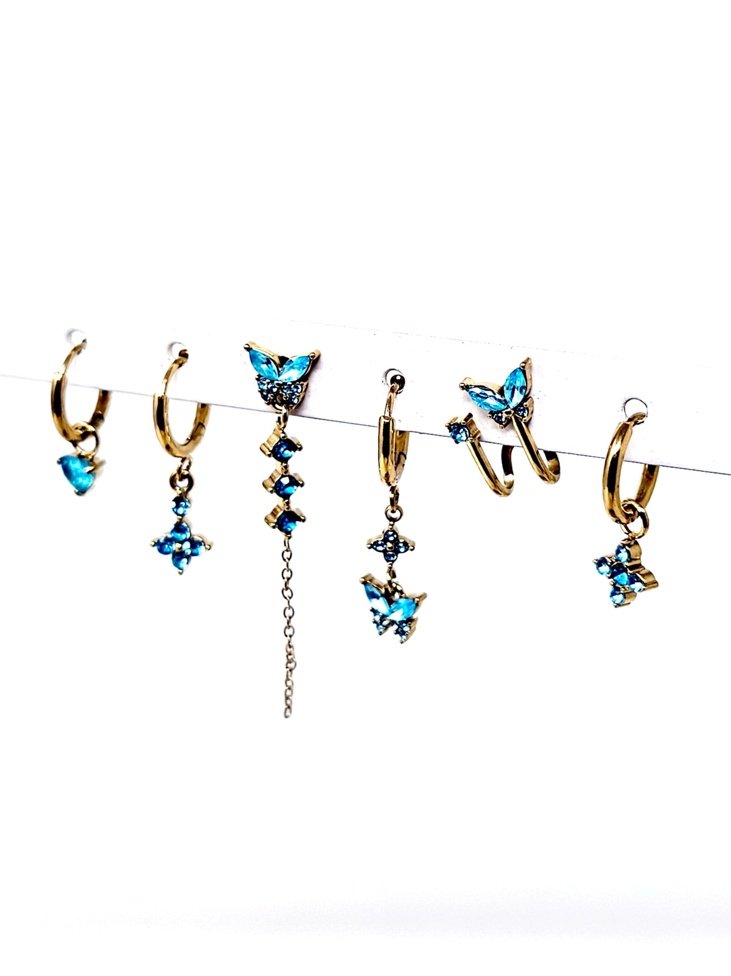 Set di 6 Orecchini "Butterfly" Gold con Pietre Color Acquamarina