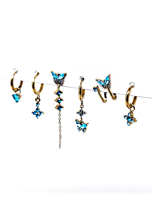 Set di 6 Orecchini "Butterfly" Gold con Pietre Color Acquamarina