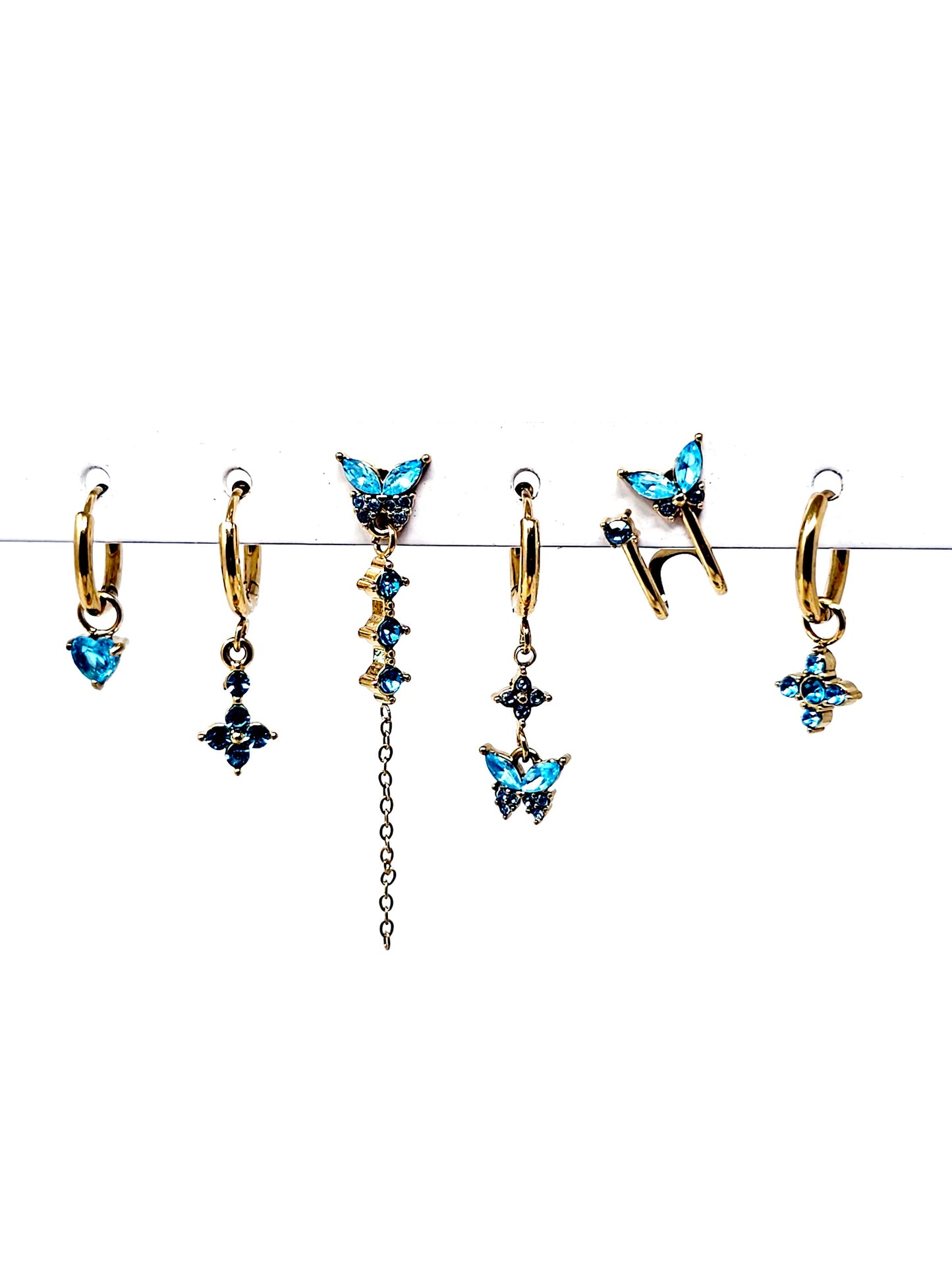 Set di 6 Orecchini "Butterfly" Gold con Pietre Color Acquamarina