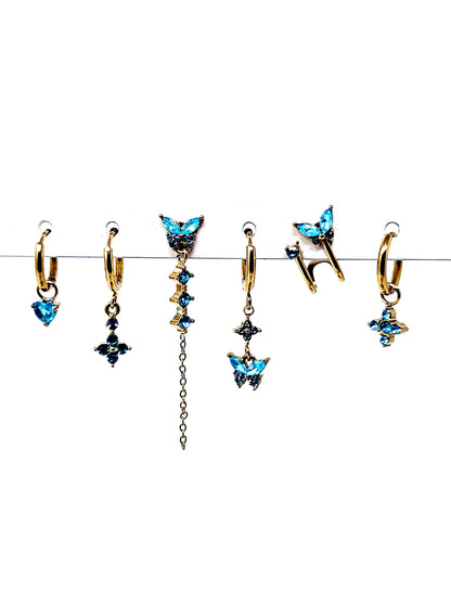 Set di 6 Orecchini "Butterfly" Gold con Pietre Color Acquamarina