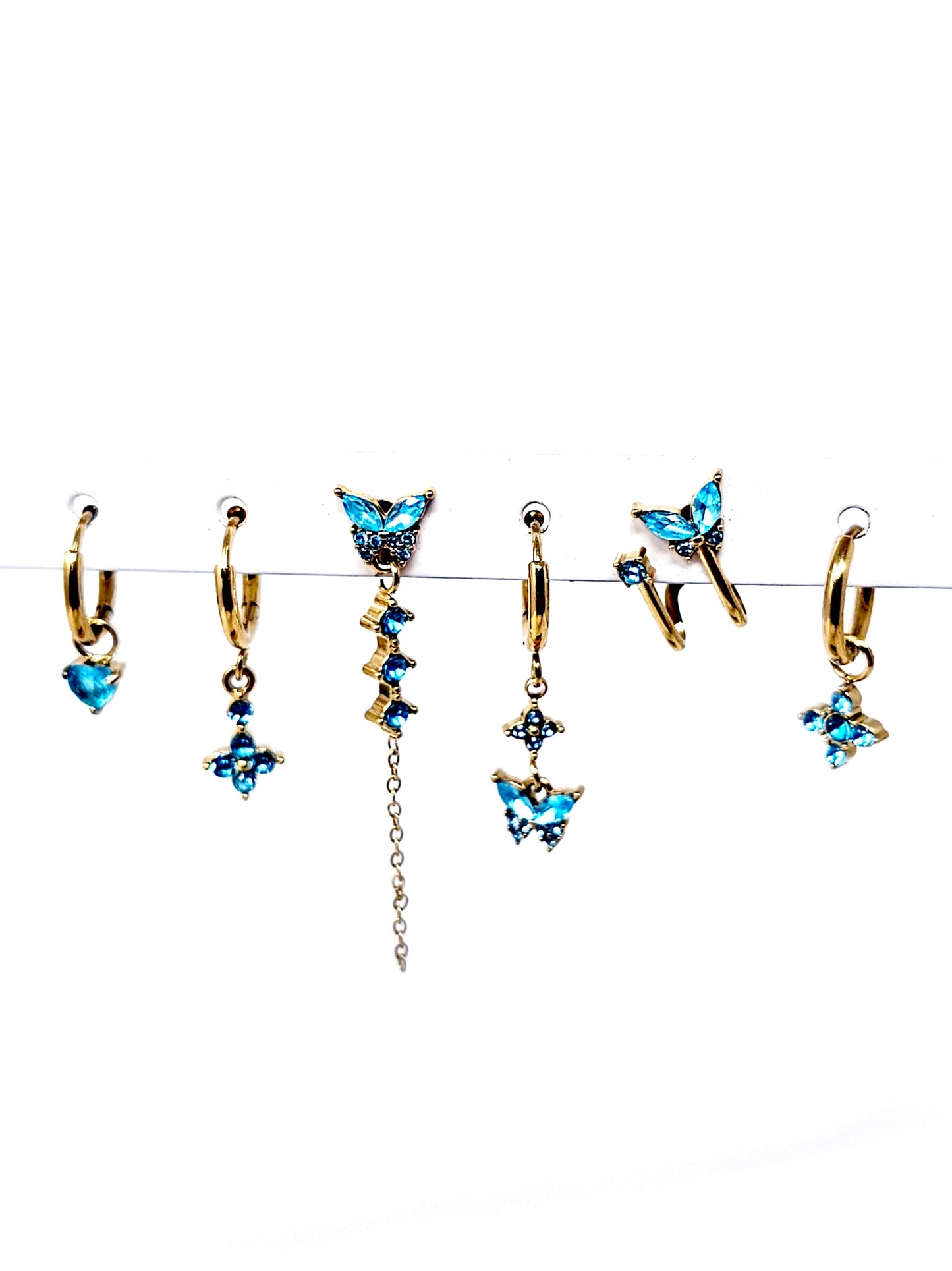 Set di 6 Orecchini "Butterfly" Gold con Pietre Color Acquamarina