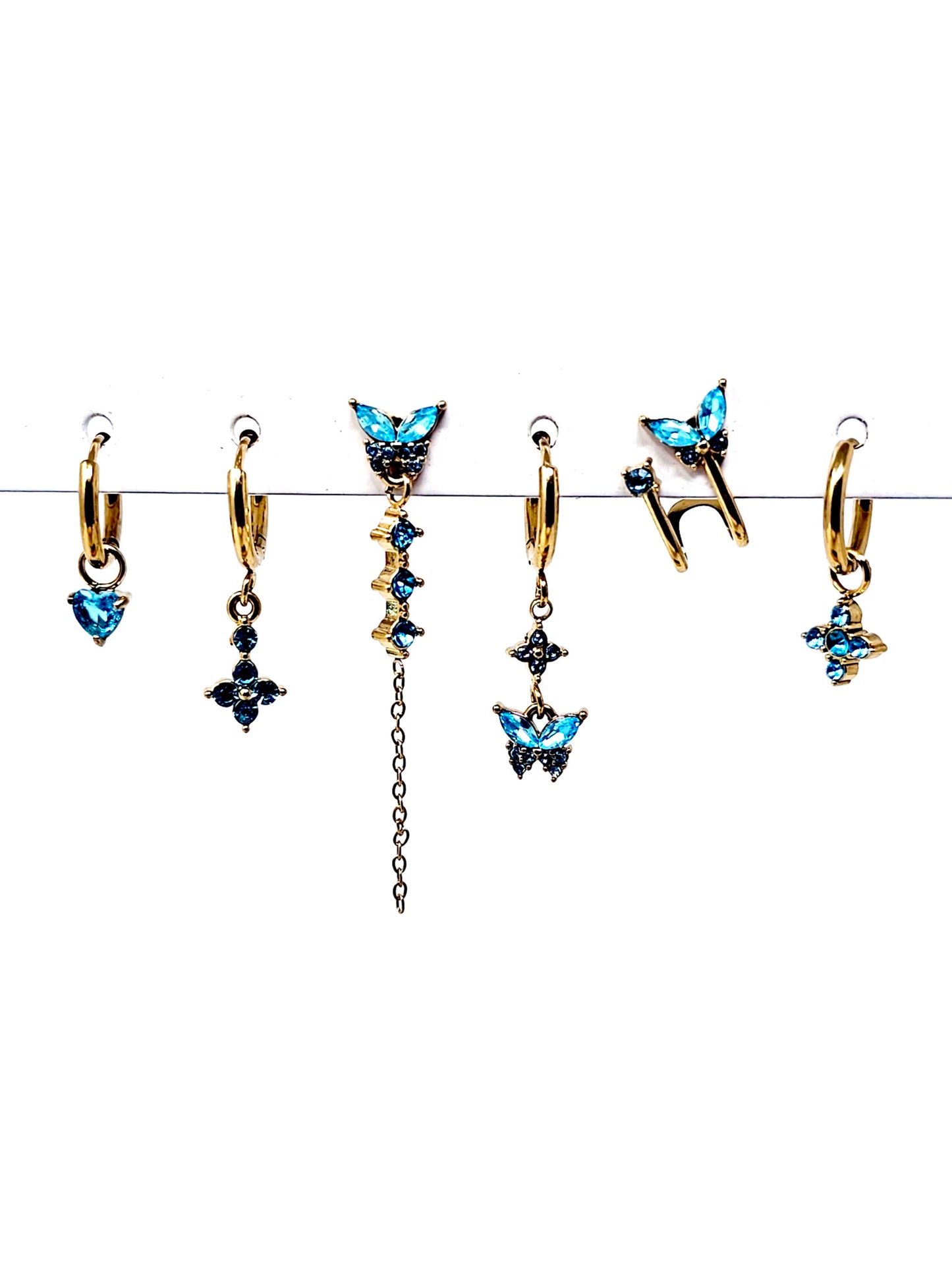 Set di 6 Orecchini "Butterfly" Gold con Pietre Color Acquamarina