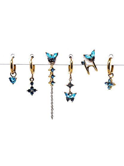Set di 6 Orecchini "Butterfly" Gold con Pietre Color Acquamarina