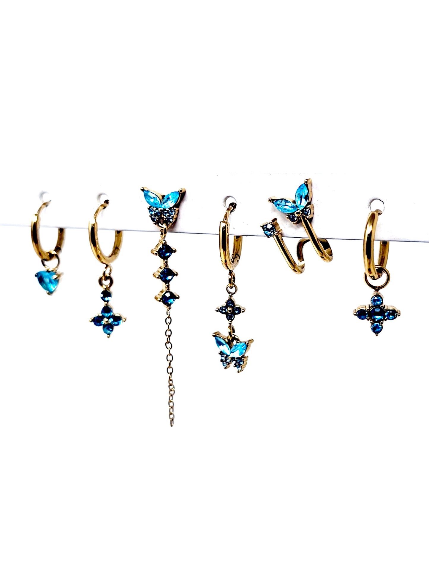 Set di 6 Orecchini "Butterfly" Gold con Pietre Color Acquamarina
