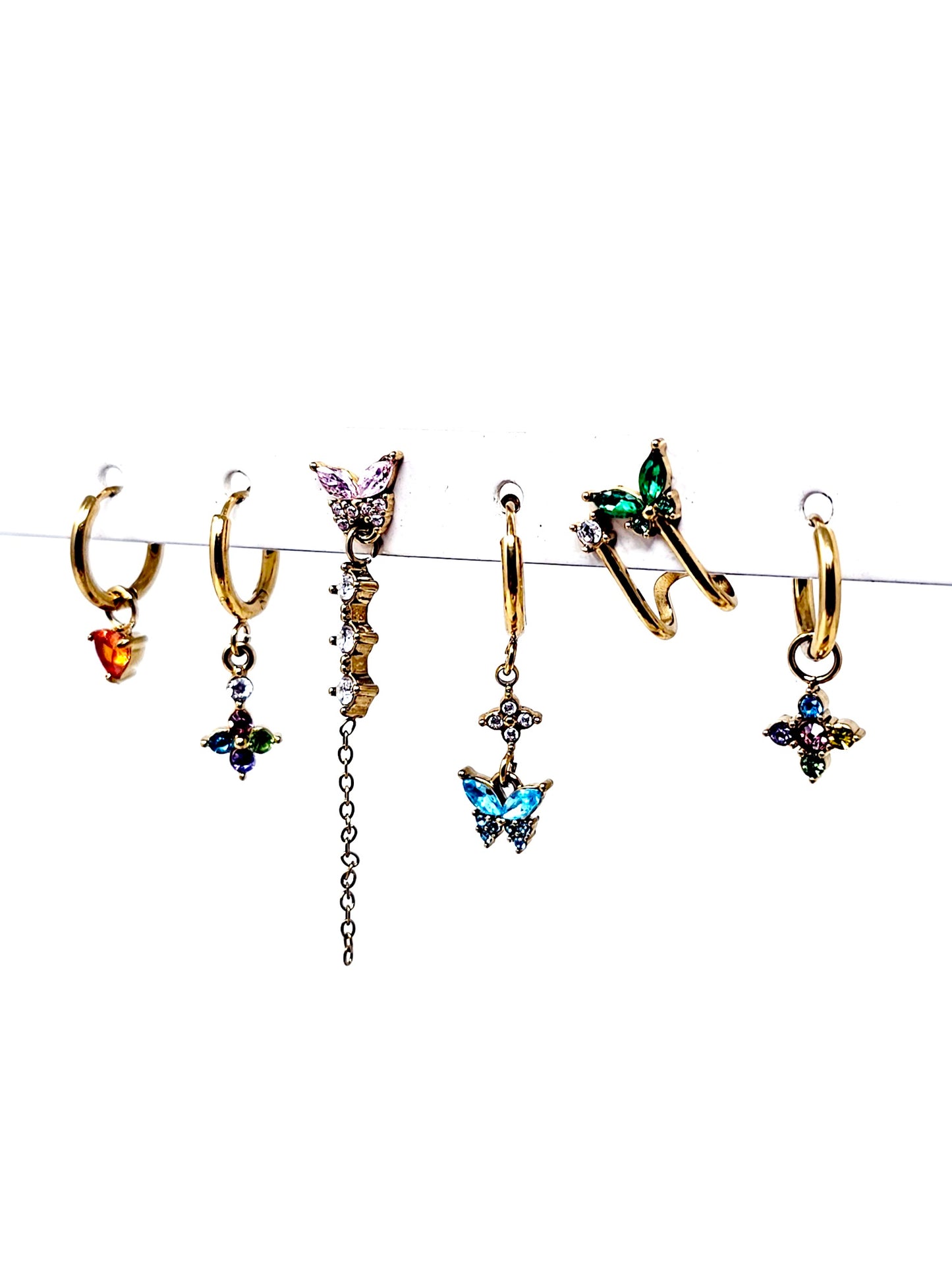 Set di 6 Orecchini "Butterfly" Gold con Pietre Multicolor