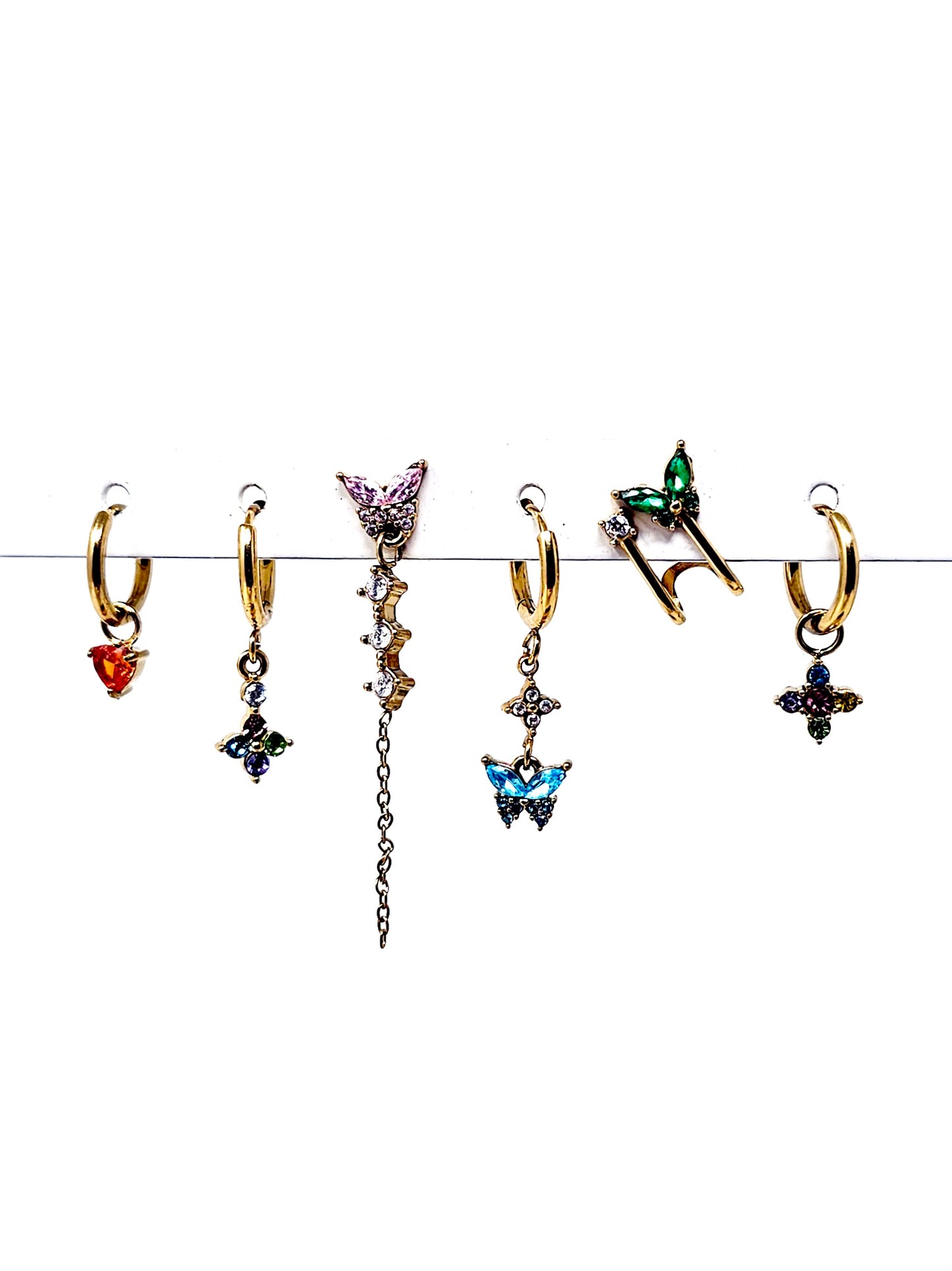 Set di 6 Orecchini "Butterfly" Gold con Pietre Multicolor
