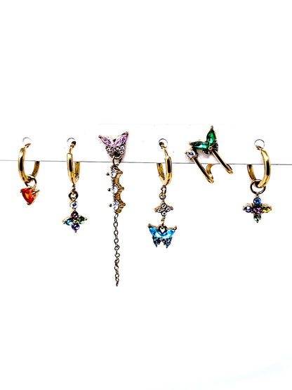 Set di 6 Orecchini "Butterfly" Gold con Pietre Multicolor