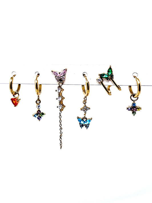 Set di 6 Orecchini "Butterfly" Gold con Pietre Multicolor