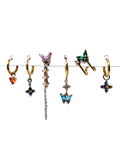 Set di 6 Orecchini "Butterfly" Gold con Pietre Multicolor
