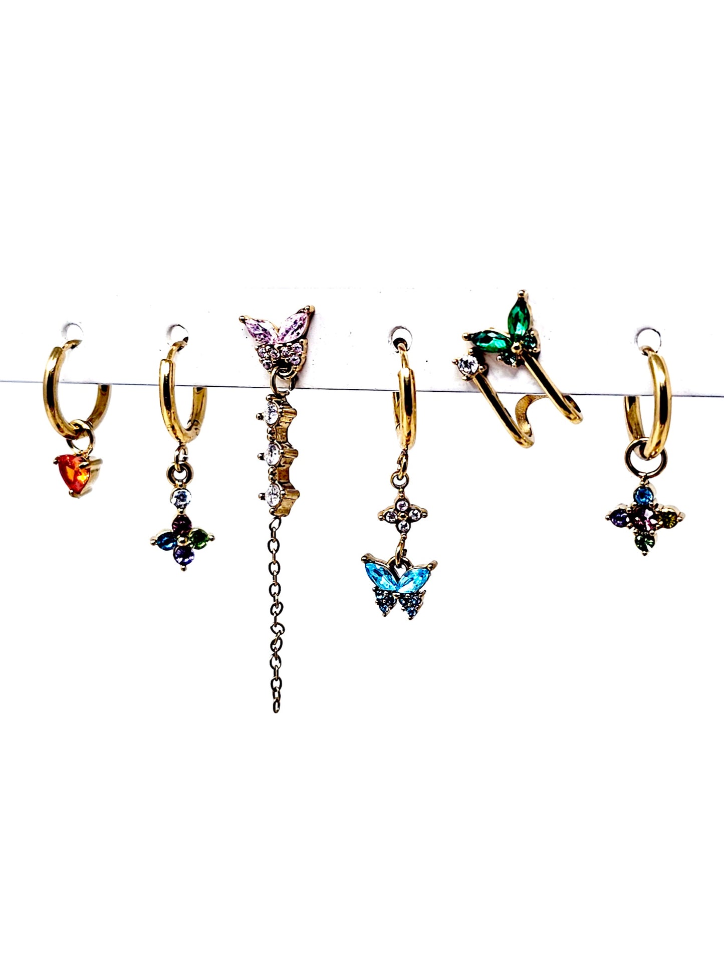 Set di 6 Orecchini "Butterfly" Gold con Pietre Multicolor