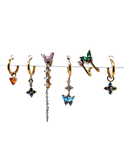Set di 6 Orecchini "Butterfly" Gold con Pietre Multicolor