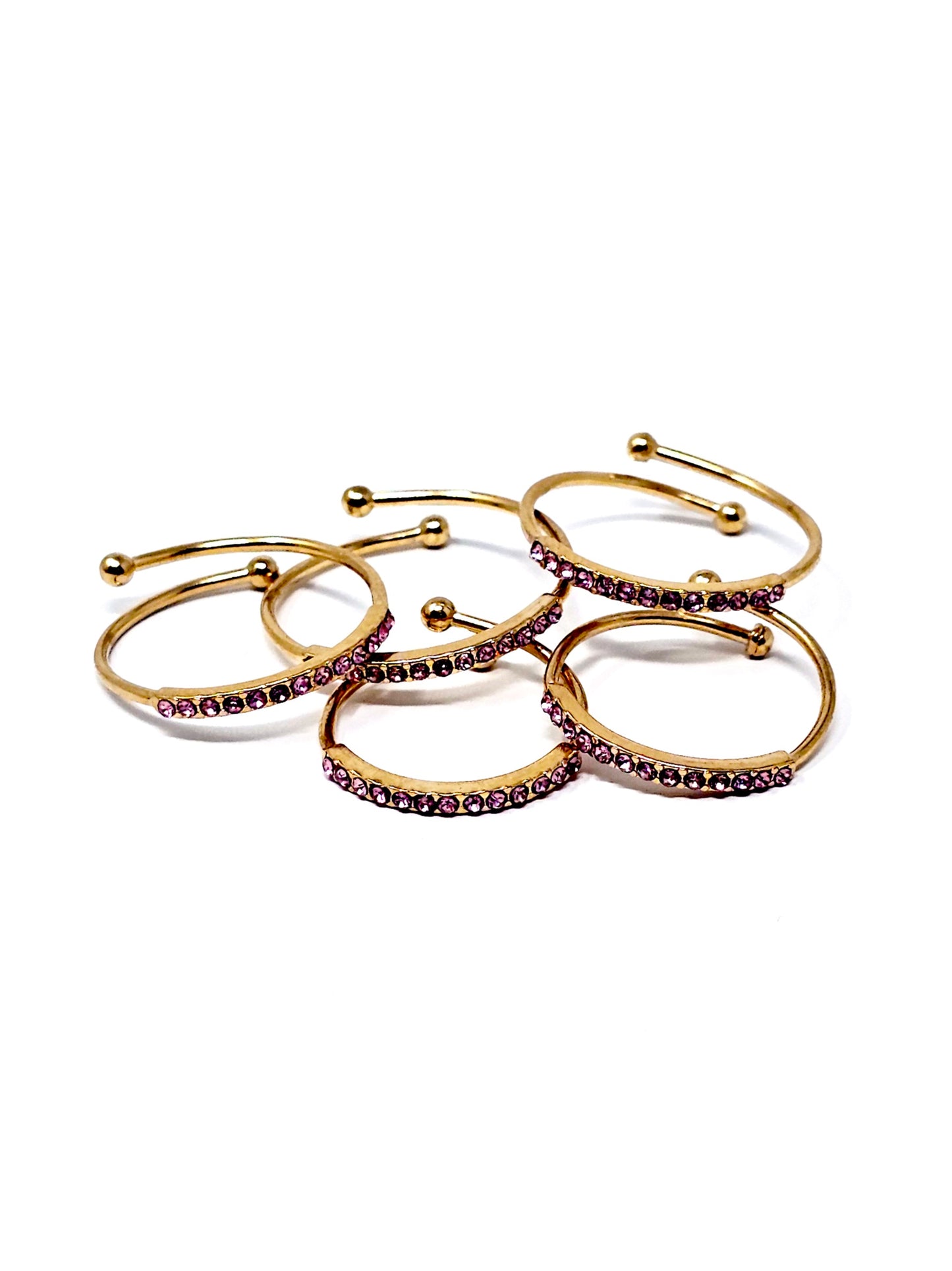 Set di 5 Fedine Regolabili “Pavé" Gold con Pietre color Quarzo Rosa