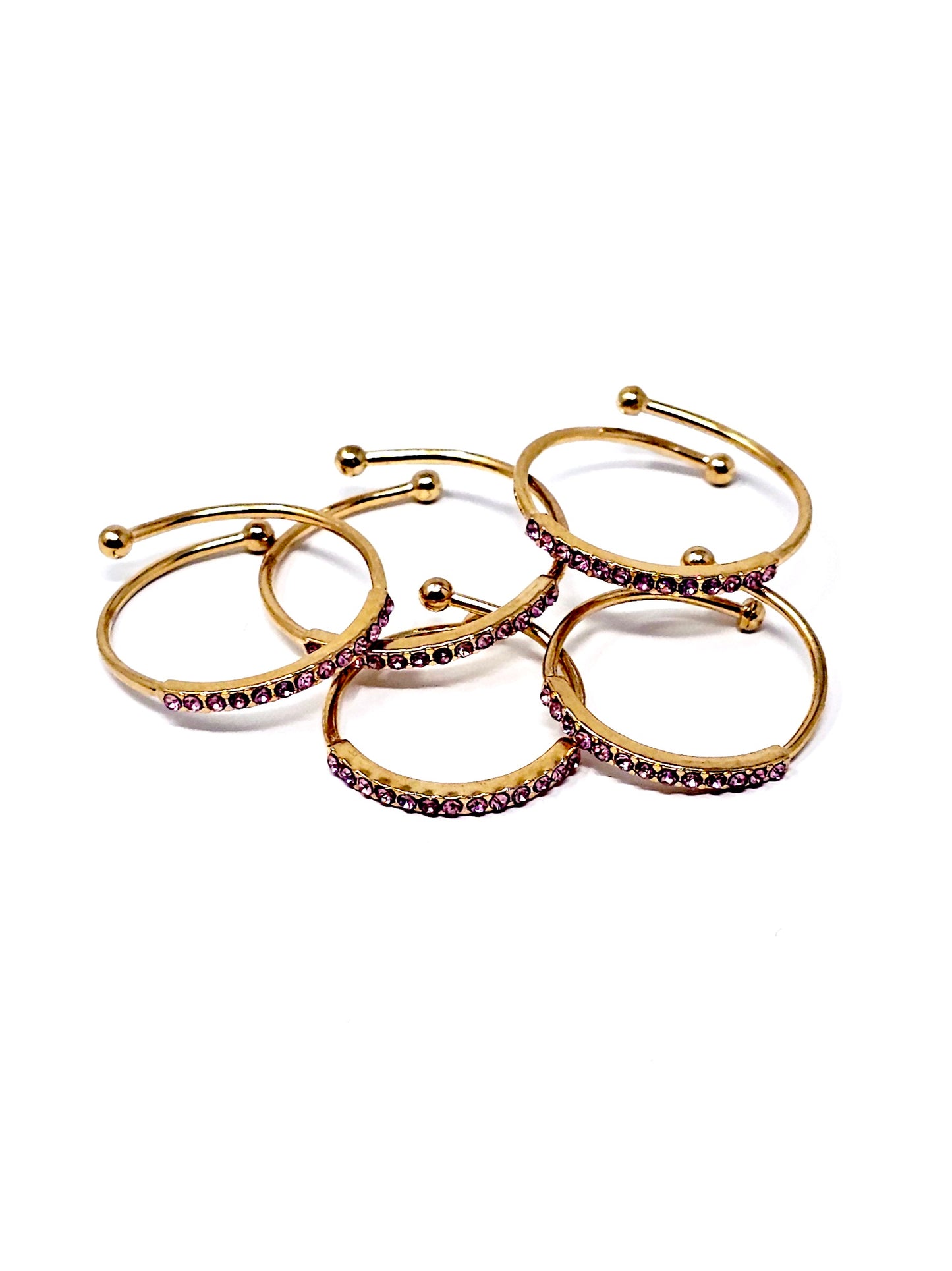 Set di 5 Fedine Regolabili “Pavé" Gold con Pietre color Quarzo Rosa