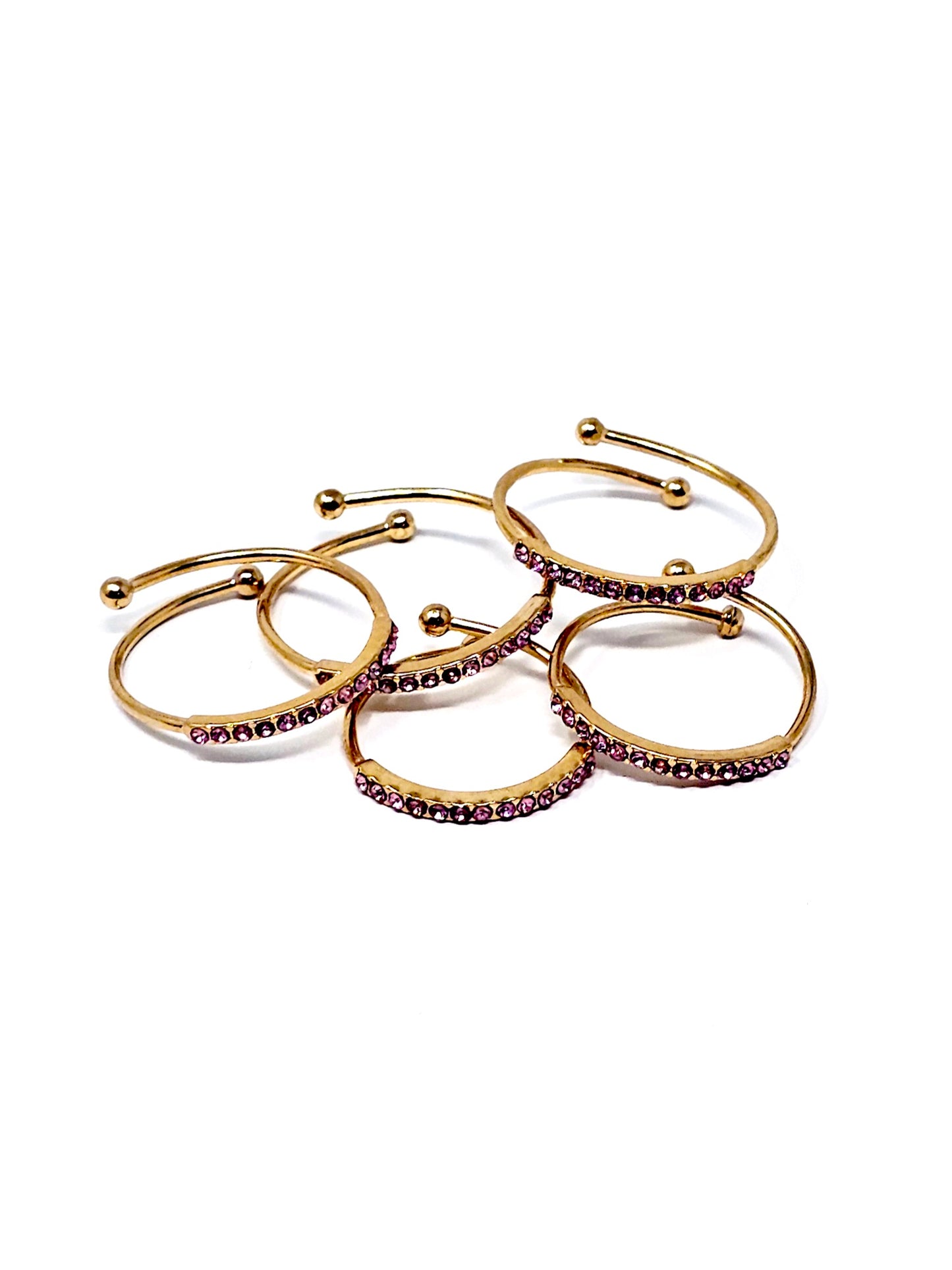 Set di 5 Fedine Regolabili “Pavé" Gold con Pietre color Quarzo Rosa