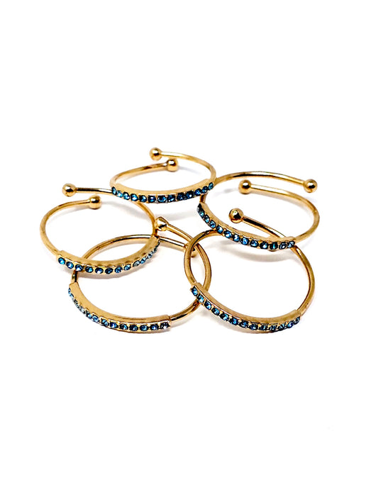 Set di 5 Fedine Regolabili “Pavé" Gold con Pietre color Acquamarina