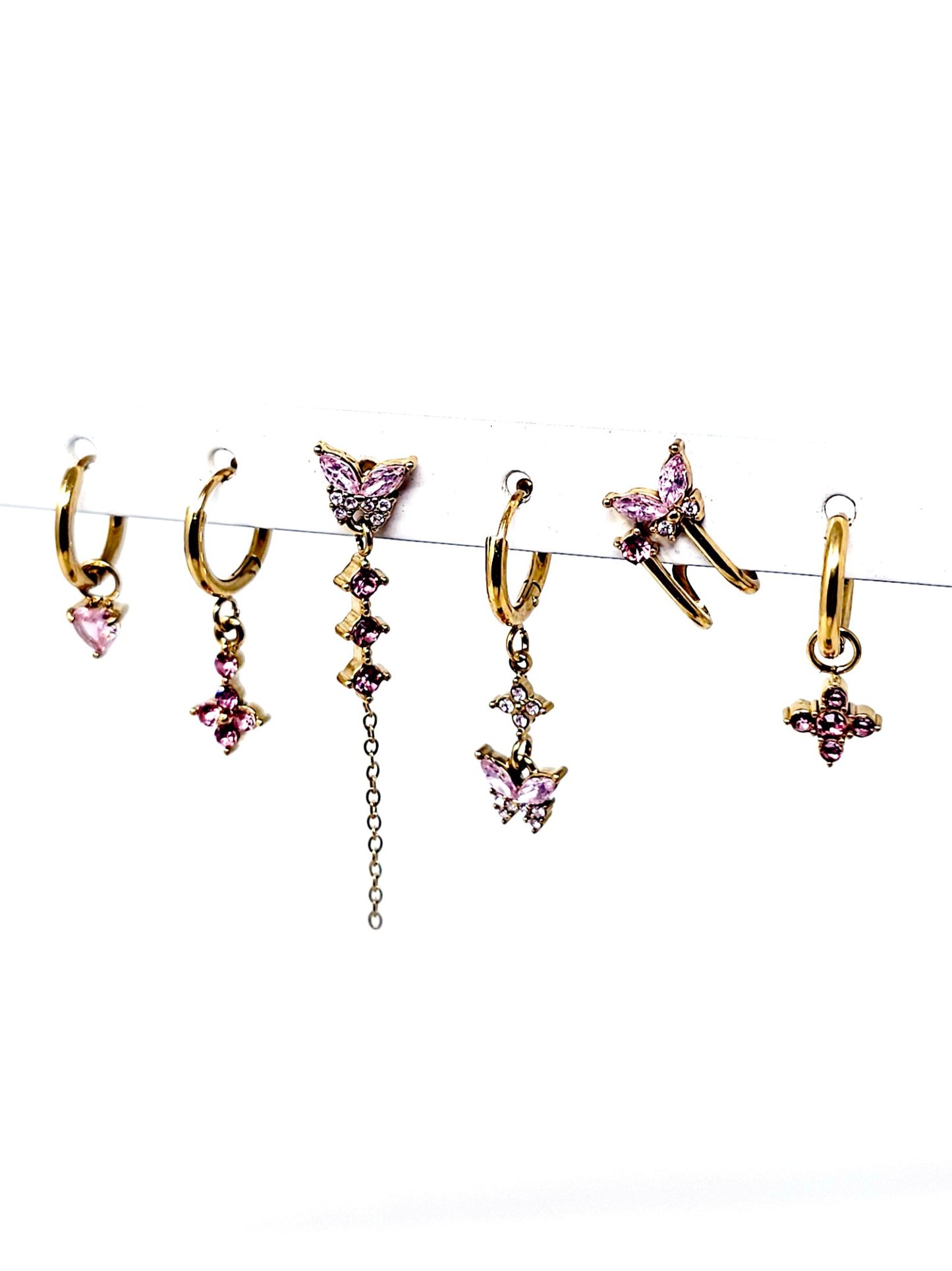 Set di 6 Orecchini "Butterfly" Gold con Pietre Color Quarzo Rosa
