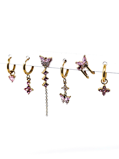 Set di 6 Orecchini "Butterfly" Gold con Pietre Color Quarzo Rosa