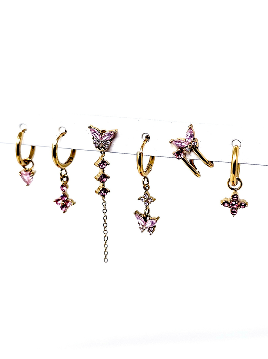 Set di 6 Orecchini "Butterfly" Gold con Pietre Color Quarzo Rosa