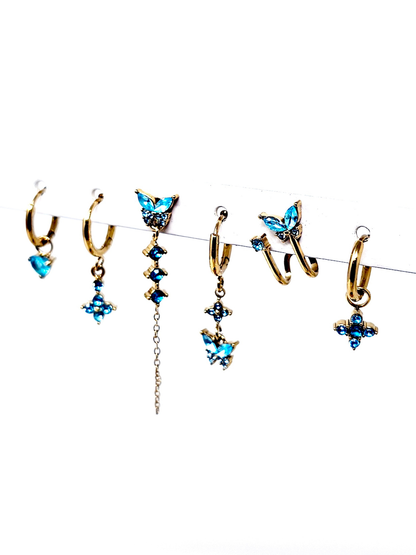 Set di 6 Orecchini "Butterfly" Gold con Pietre Color Acquamarina