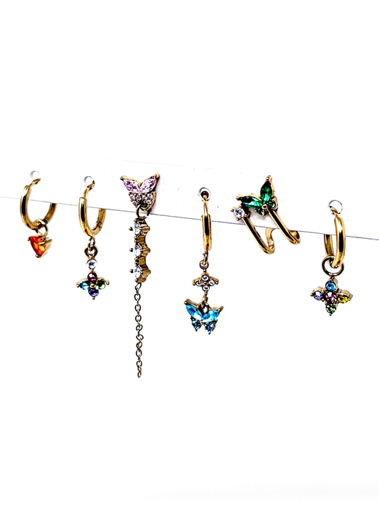 Set di 6 Orecchini "Butterfly" Gold con Pietre Multicolor