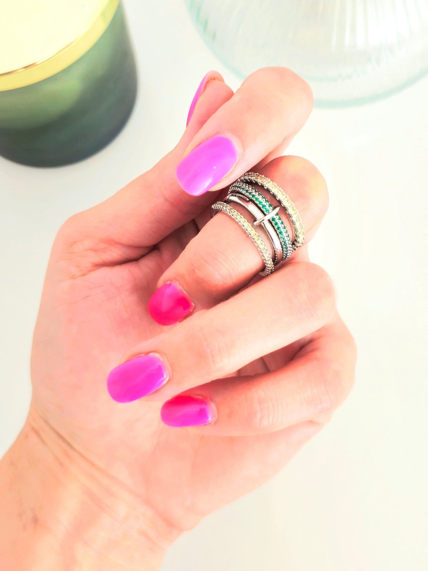 Multi - Anello Regolabile "Arianna" Silver con Pietre Smeraldo - 333HOPE333