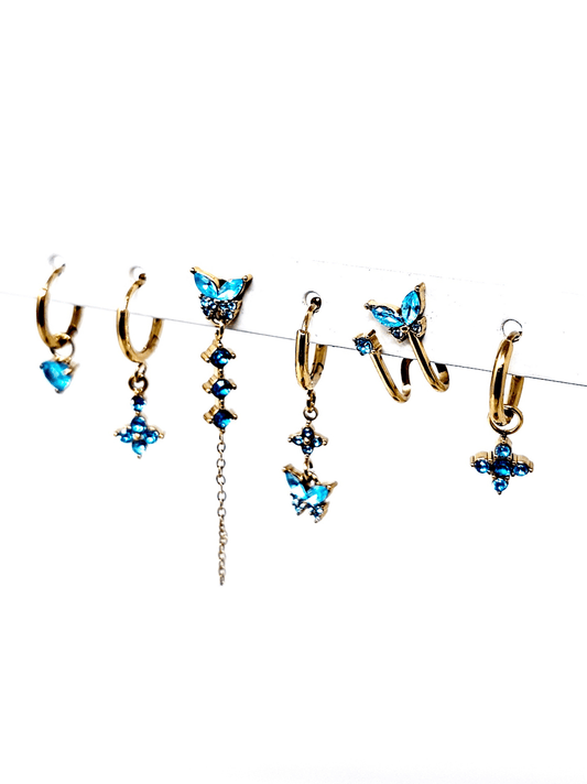 Set di 6 Orecchini "Butterfly" Gold con Pietre Color Acquamarina - 333HOPE333