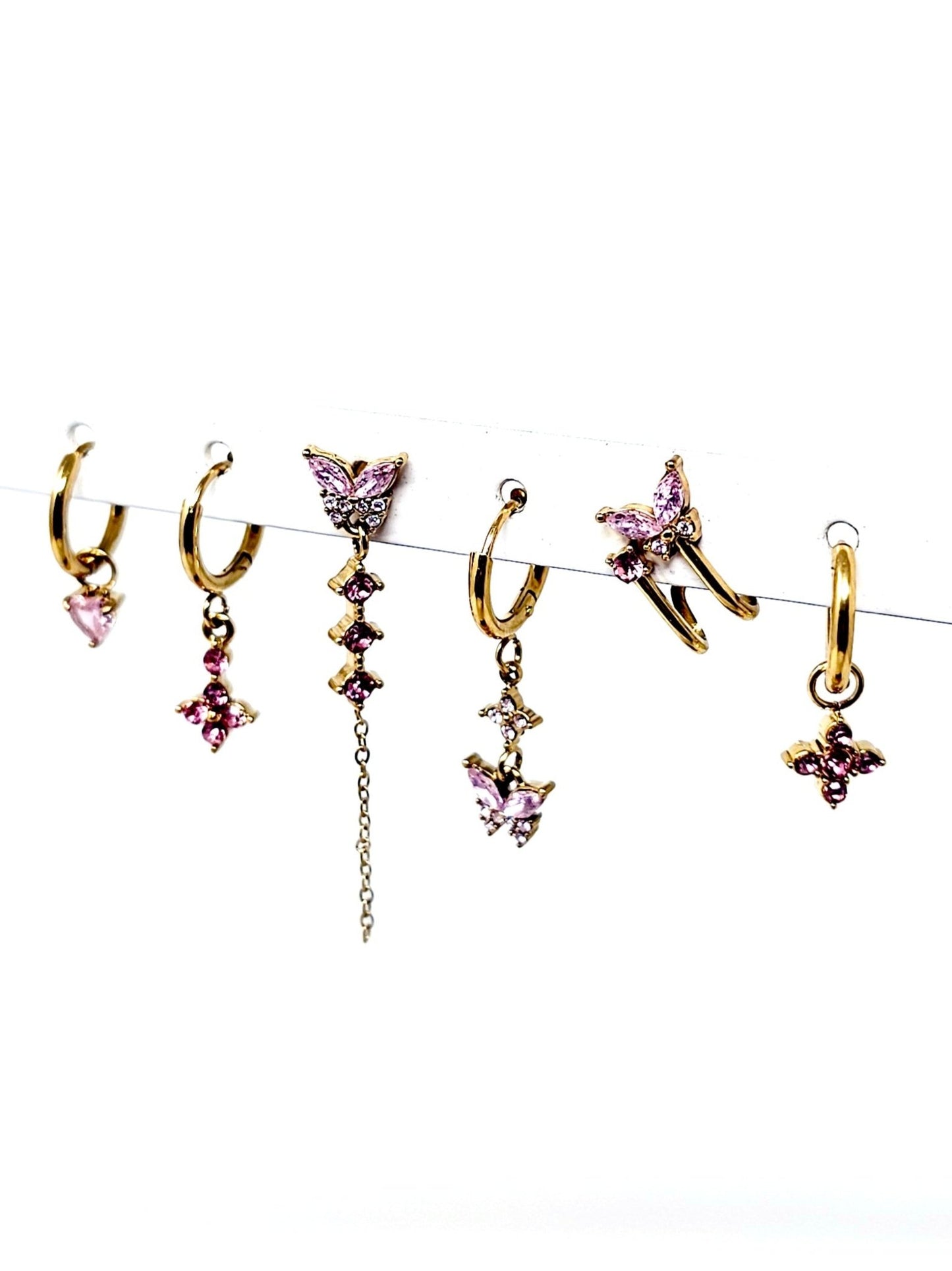 Set di 6 Orecchini "Butterfly" Gold con Pietre Color Quarzo Rosa - 333HOPE333