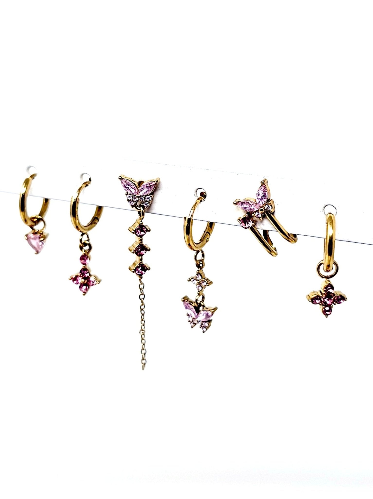 Set di 6 Orecchini "Butterfly" Gold con Pietre Color Quarzo Rosa - 333HOPE333