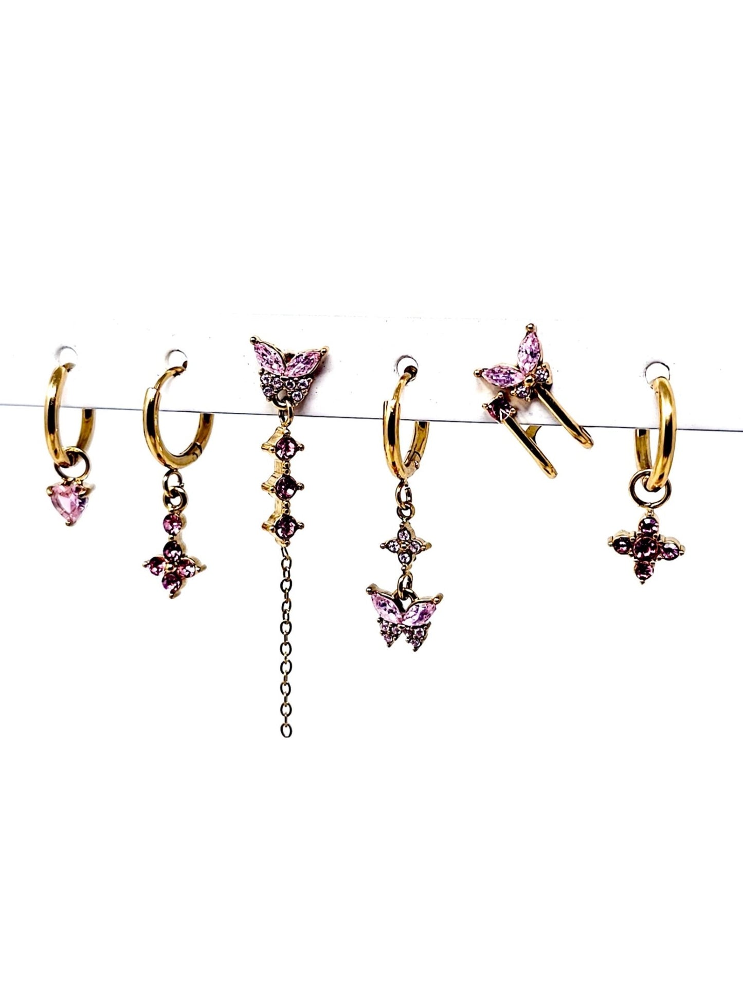 Set di 6 Orecchini "Butterfly" Gold con Pietre Color Quarzo Rosa - 333HOPE333