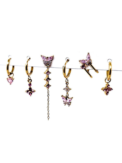 Set di 6 Orecchini "Butterfly" Gold con Pietre Color Quarzo Rosa - 333HOPE333