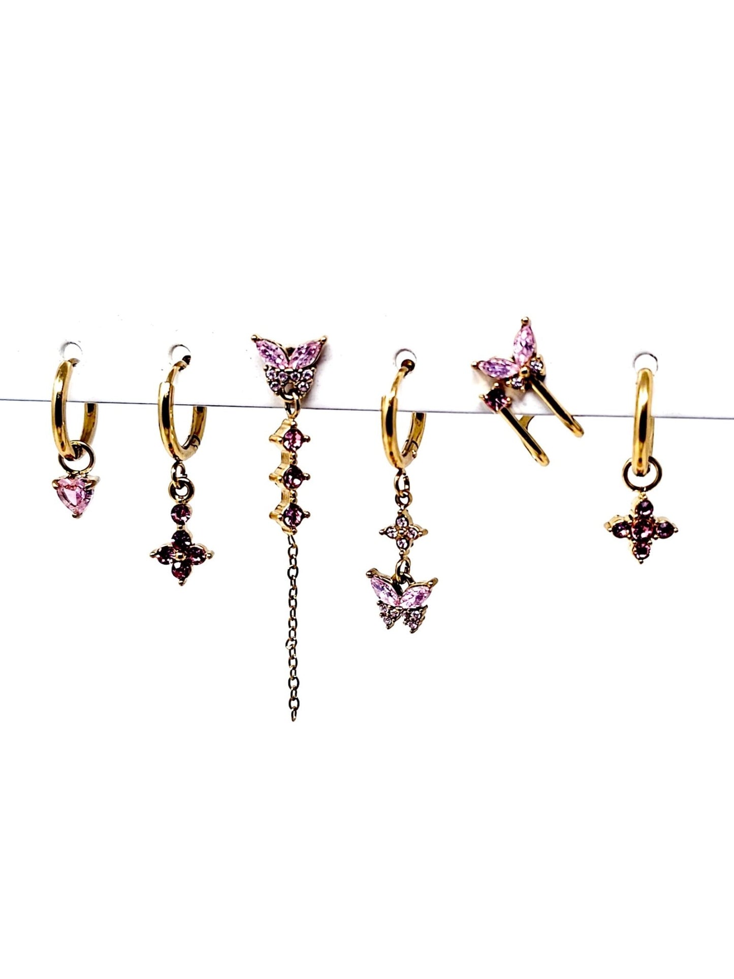 Set di 6 Orecchini "Butterfly" Gold con Pietre Color Quarzo Rosa - 333HOPE333