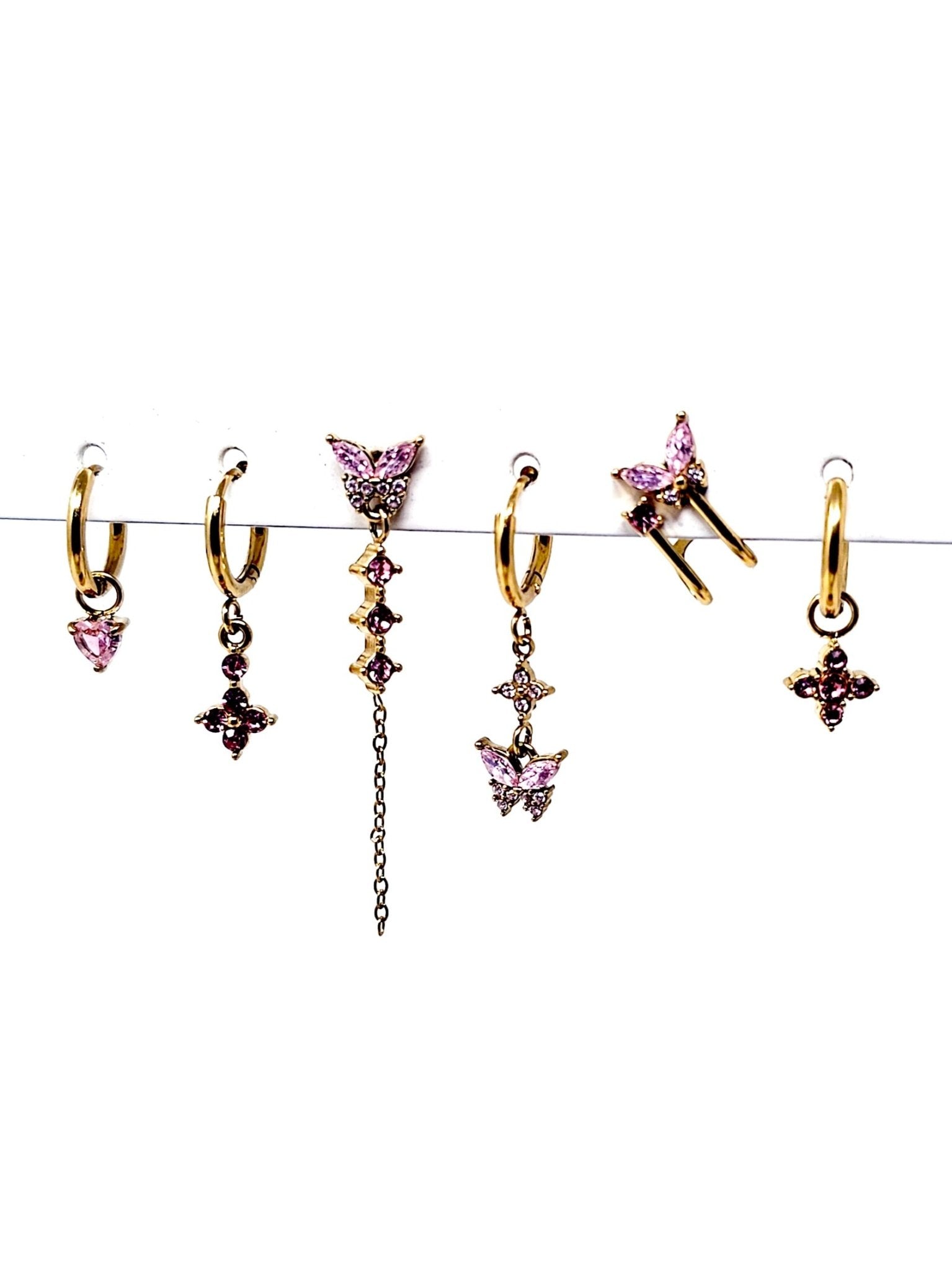 Set di 6 Orecchini "Butterfly" Gold con Pietre Color Quarzo Rosa - 333HOPE333