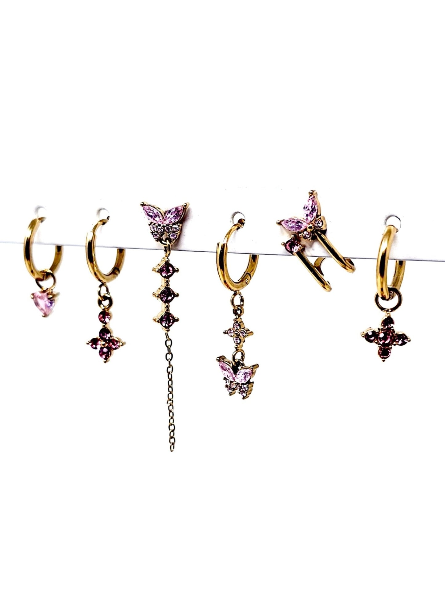 Set di 6 Orecchini "Butterfly" Gold con Pietre Color Quarzo Rosa - 333HOPE333