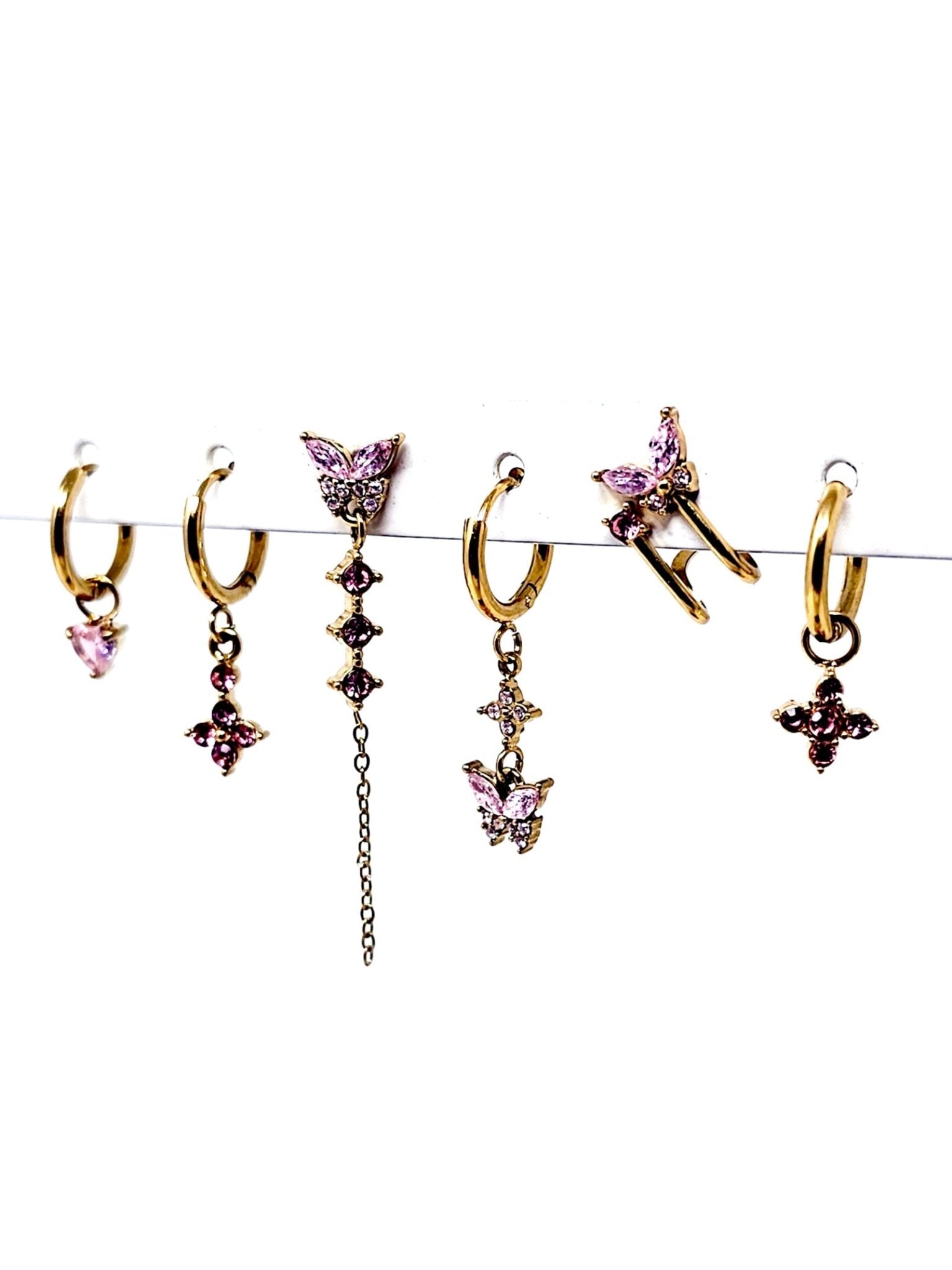 Set di 6 Orecchini "Butterfly" Gold con Pietre Color Quarzo Rosa - 333HOPE333