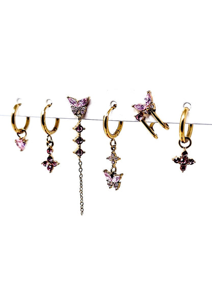Set di 6 Orecchini "Butterfly" Gold con Pietre Color Quarzo Rosa - 333HOPE333