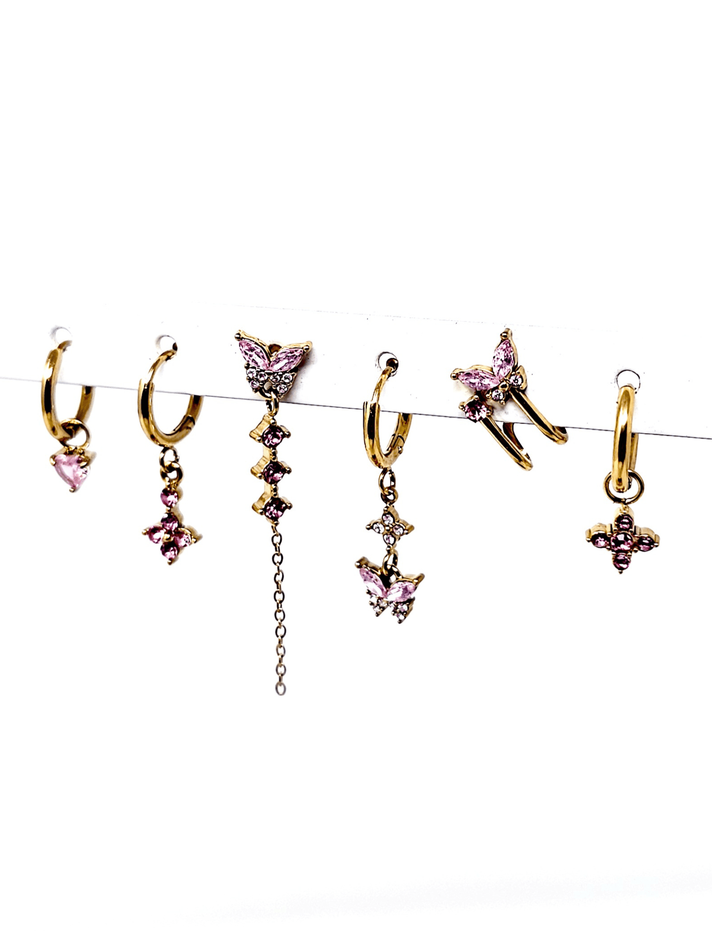 Set di 6 Orecchini "Butterfly" Gold con Pietre Color Quarzo Rosa - 333HOPE333