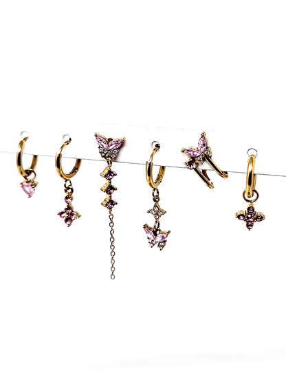 Set di 6 Orecchini "Butterfly" Gold con Pietre Color Quarzo Rosa - 333HOPE333