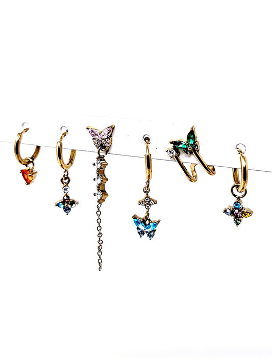 Set di 6 Orecchini "Butterfly" Gold con Pietre Multicolor - 333HOPE333