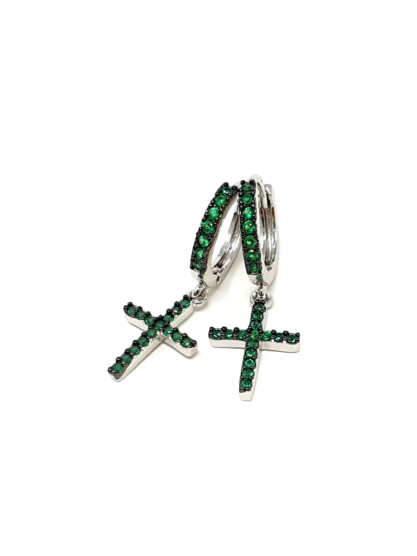 Coppia di mini hoops “Croci” Silver con pietre color smeraldo - 333HOPE333