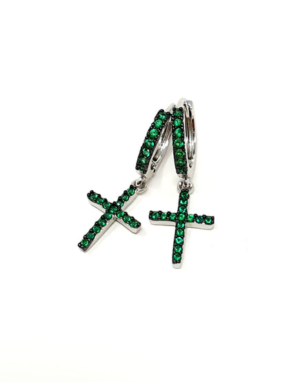 Coppia di mini hoops “Croci” Silver con pietre color smeraldo - 333HOPE333