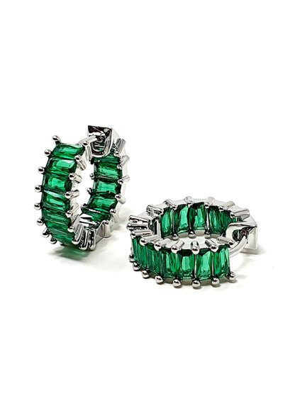 Coppia di mini hoops "Royalty" Silver con pietre color Smeraldo - 333HOPE333
